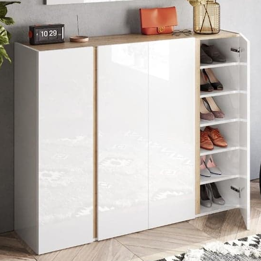 Flint Wide High Gloss Shoe Cabinet With 4 Doors In White Cadiz Oak