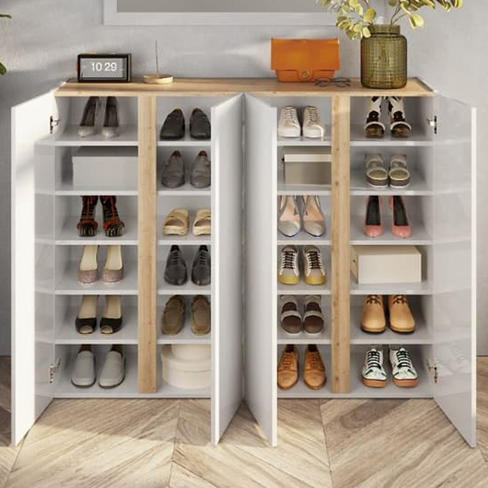 Flint Wide High Gloss Shoe Cabinet With 4 Doors In White Cadiz Oak