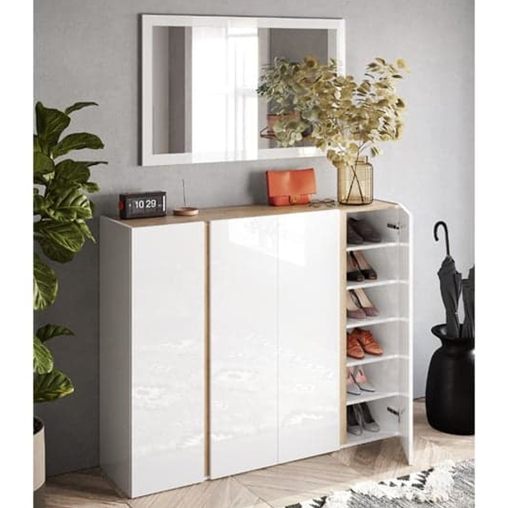 Flint Wide High Gloss Shoe Cabinet With Mirror In White Cadiz Oak