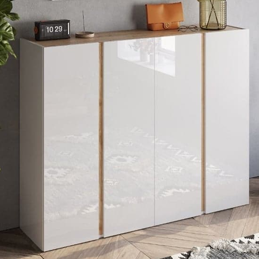 Flint Wide High Gloss Shoe Cabinet With Mirror In White Cadiz Oak