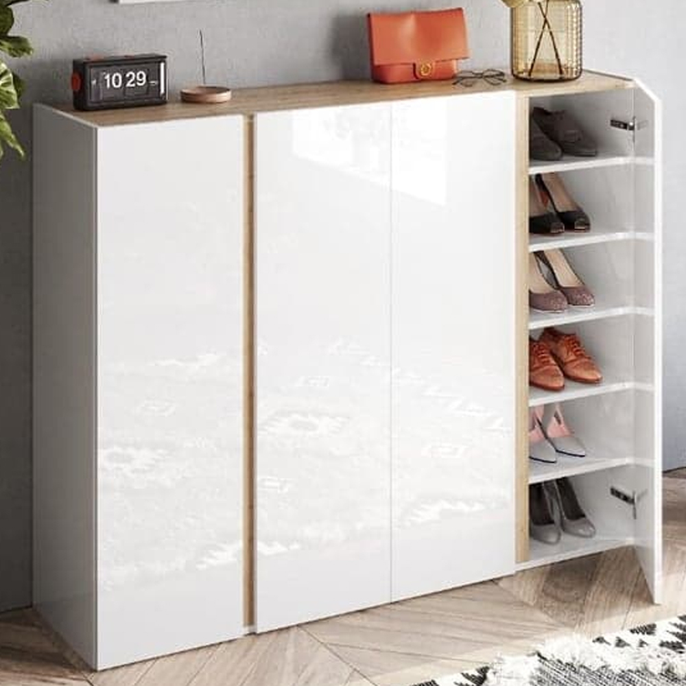 Flint Wide High Gloss Shoe Cabinet With Mirror In White Cadiz Oak