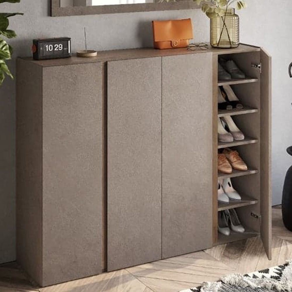 Flint Wide Wooden Shoe Cabinet With 4 Doors In Bronze Mercure Oak