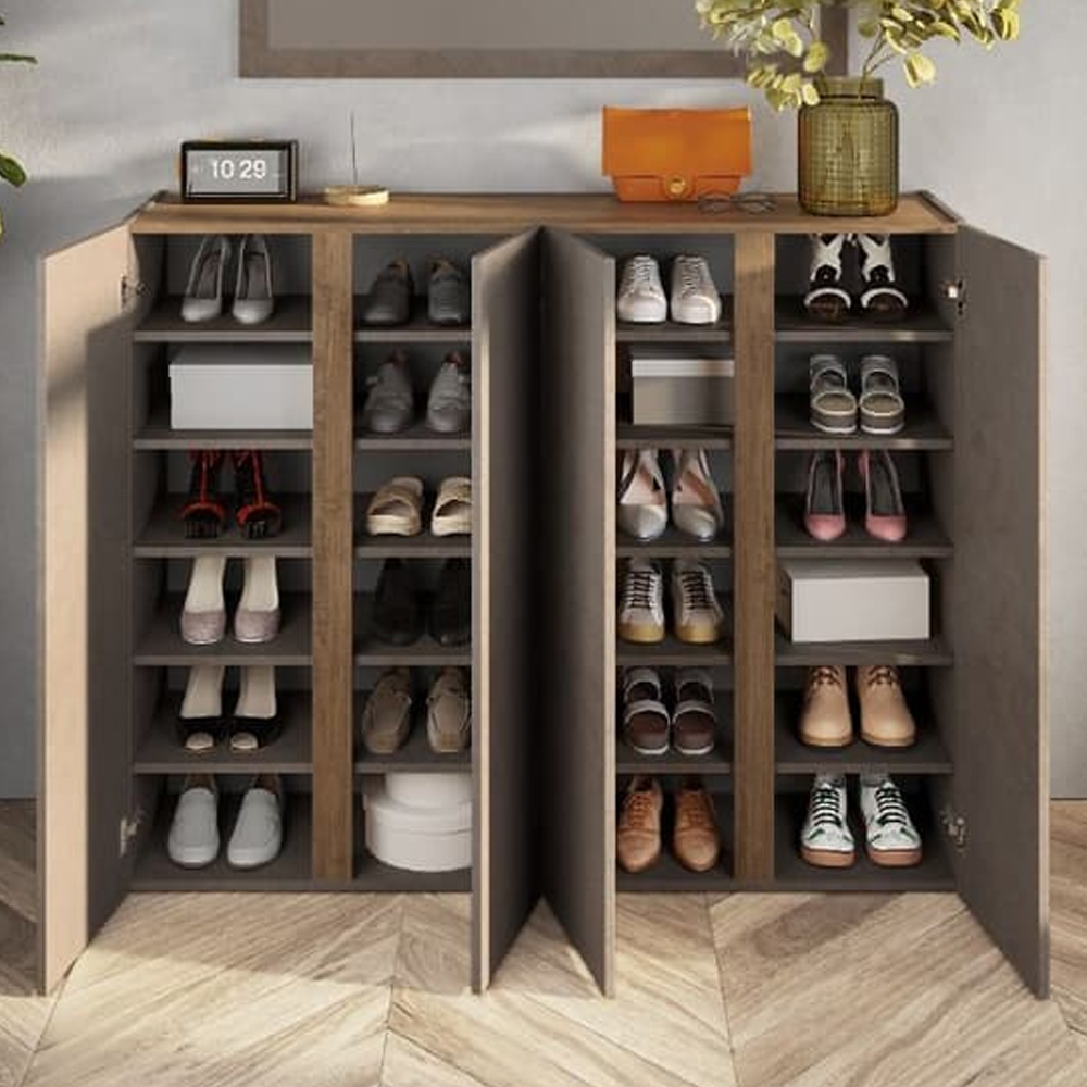 Flint Wide Wooden Shoe Cabinet With 4 Doors In Bronze Mercure Oak