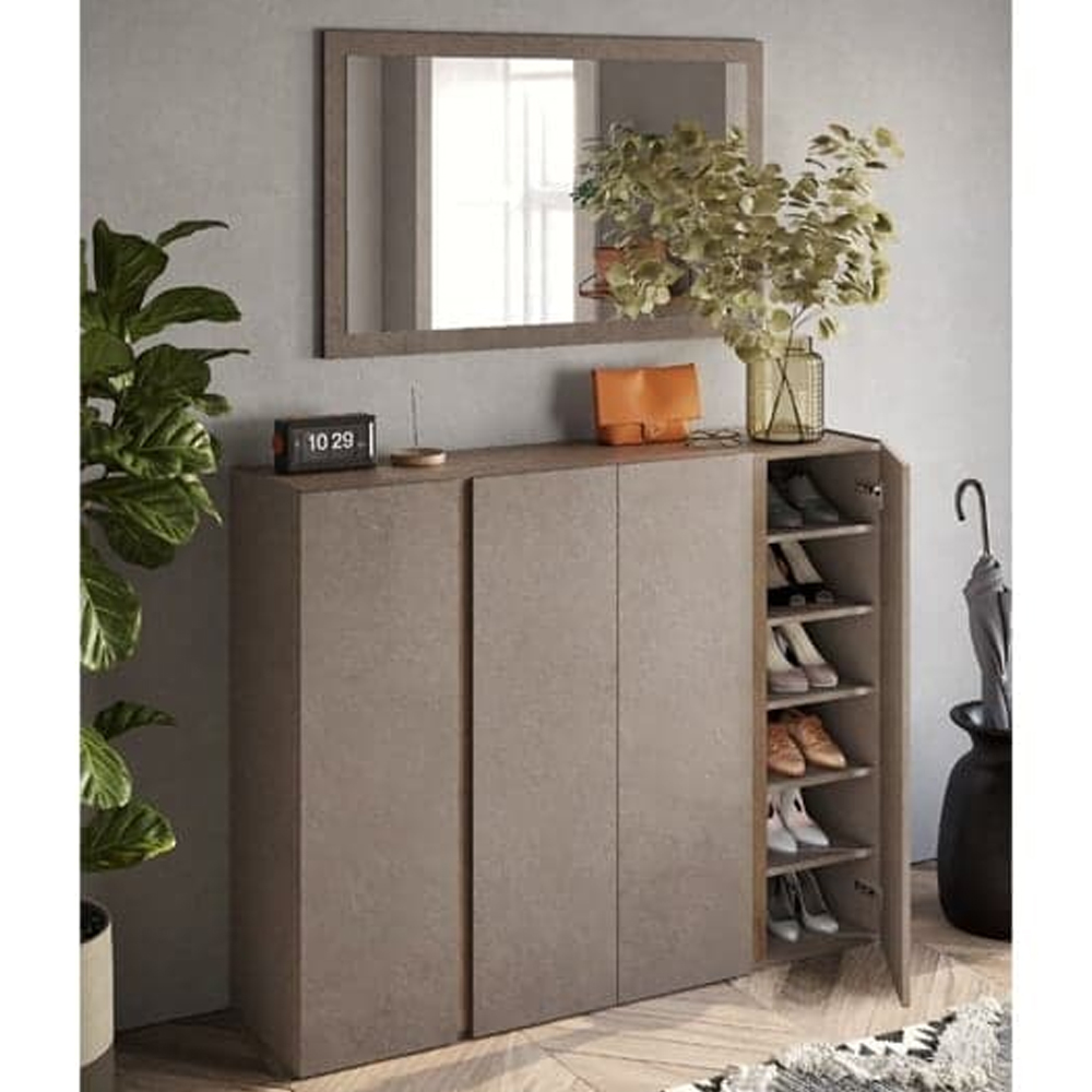 Flint Wide Wooden Shoe Cabinet With Mirror In Bronze Mercure Oak