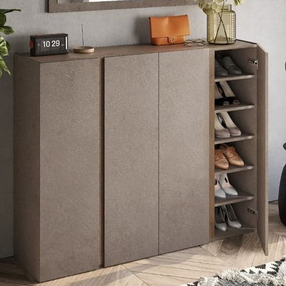 Flint Wide Wooden Shoe Cabinet With Mirror In Bronze Mercure Oak