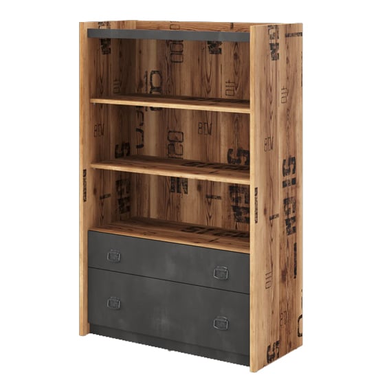 Read more about Flint wooden bookcase with 2 shelves in raw steel concrete effect