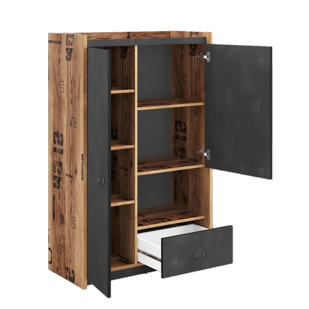 Flint Wooden Storage Cabinet With 2 Doors 1 Drawer In Raw Steel