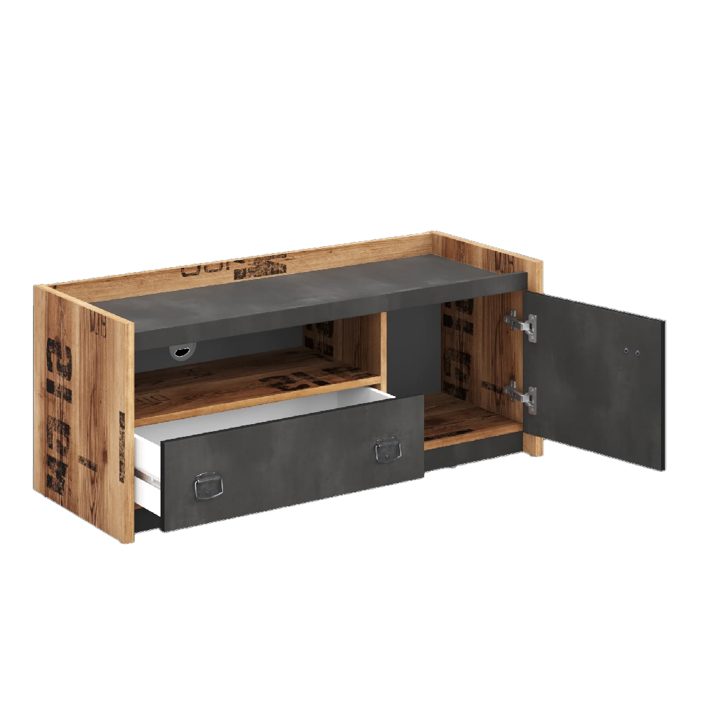 Flint Wooden TV Stand With 1 Door 1 Drawer In Raw Steel
