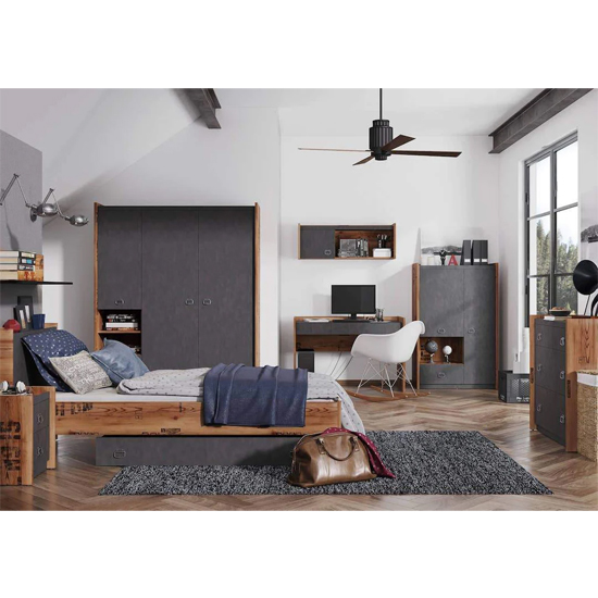Flint Woooden Bedside Cabinet In Raw Steel Concrete Effect