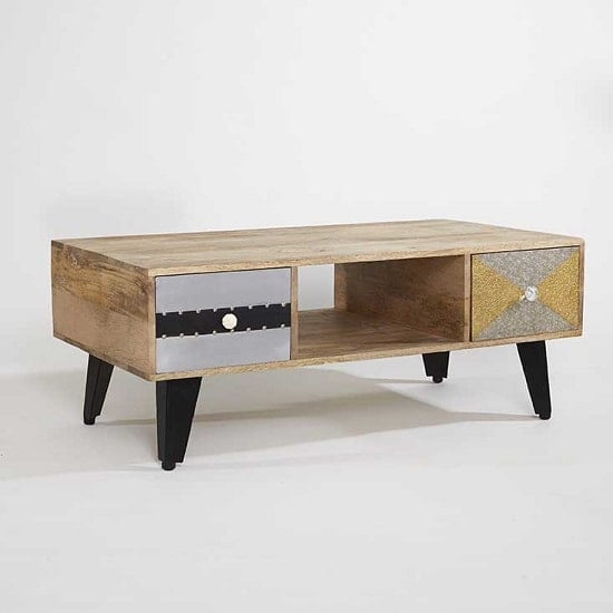 Flocons Wooden Coffee Table In Reclaimed Wood With 2 Drawers