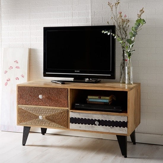 Read more about Flocons wooden tv stand in reclaimed wood with 3 drawers