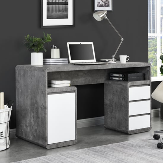 Florentine Gloss Computer Desk In White And Concrete Effect