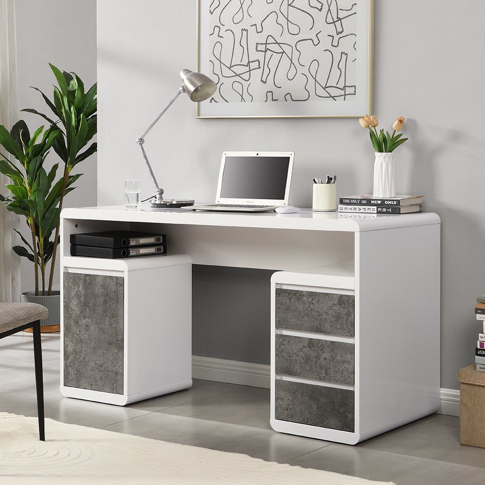 Product photograph of Florentine High Gloss Computer Desk In White And Concrete Effect from Furniture in Fashion