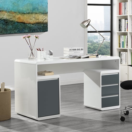 Product photograph of Florentine High Gloss Computer Desk In White And Grey from Furniture in Fashion