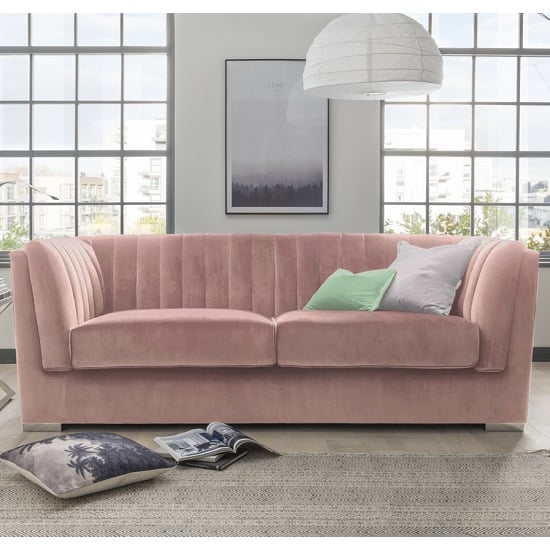 Flores Fabric 2 Seater Sofa In Pink Velvet With Chrome Legs