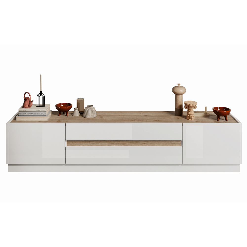 Flores White Gloss TV Stand With 2 Doors 2 Drawers In Light Oak