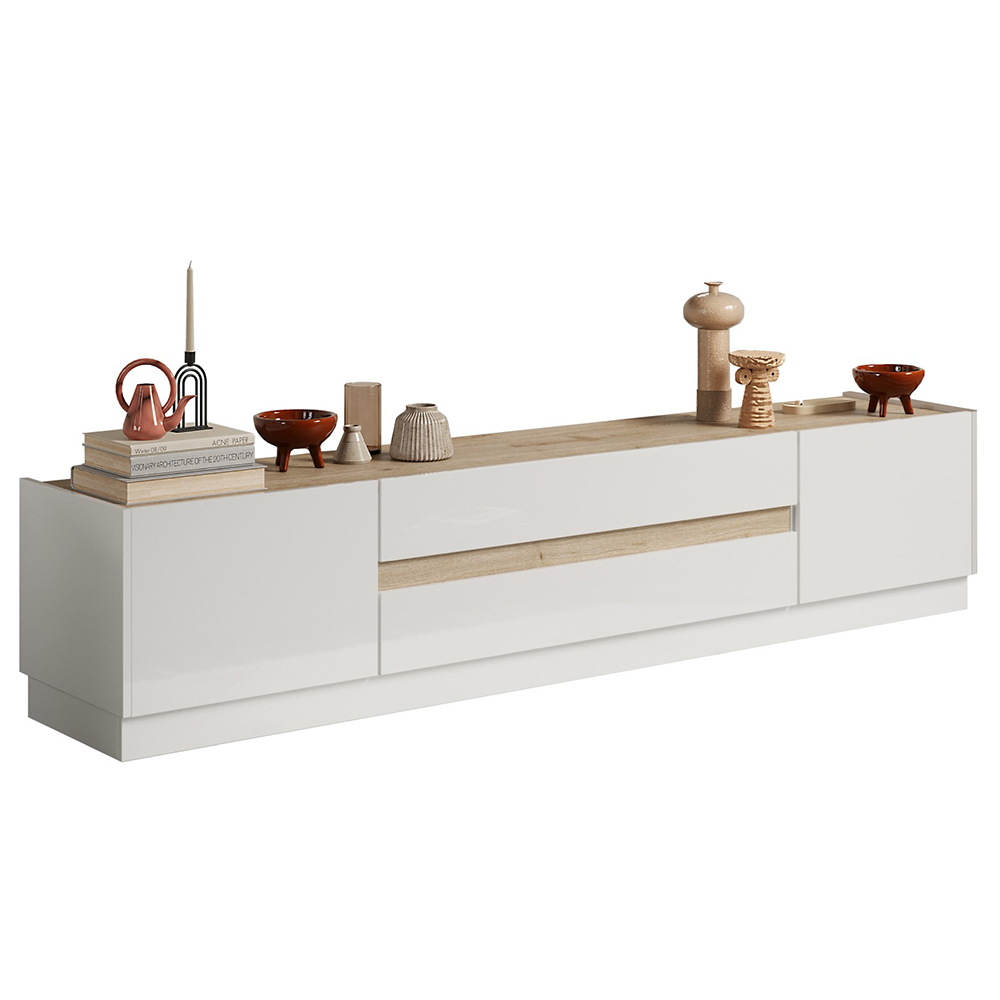 Flores White Gloss TV Stand With 2 Doors 2 Drawers In Light Oak