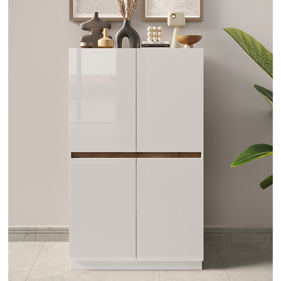 Product photograph of Flores High Gloss Highboard With 4 Doors In White And Dark Oak from Furniture in Fashion