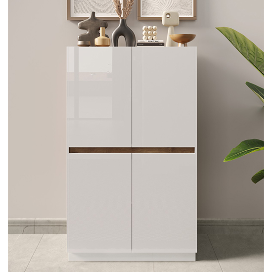 Flores High Gloss Highboard With 4 Doors In White And Dark Oak thumbnail