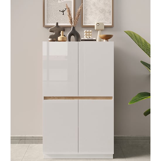 Flores High Gloss Highboard With 4 Doors In White And Light Oak