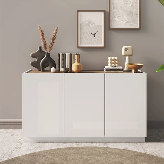 Product photograph of Flores High Gloss Sideboard With 3 Doors In White And Dark Oak from Furniture in Fashion