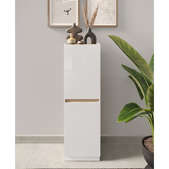 Flores High Gloss Storage Cabinet 2 Doors In White Light Oak