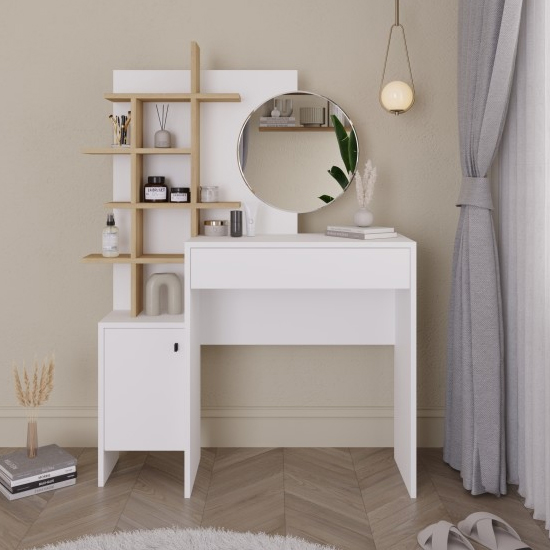 Read more about Flores wooden dressing table 1 door 1 drawer in white and oak