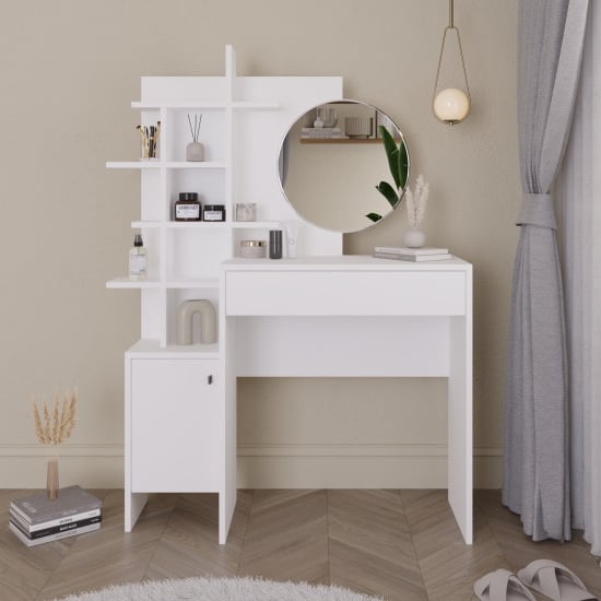 Product photograph of Flores Wooden Dressing Table With 1 Door 1 Drawer In White from Furniture in Fashion