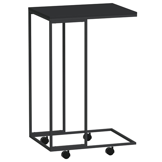 Flores Wooden Side Table In Black With Wheels With Black Frame