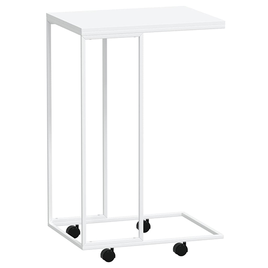 Flores Wooden Side Table In White With Wheels With White Frame
