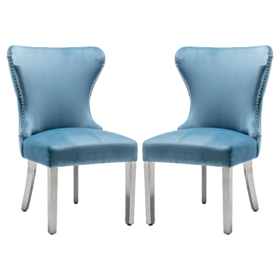 Floret Button Back Blue Velvet Dining Chairs In Pair