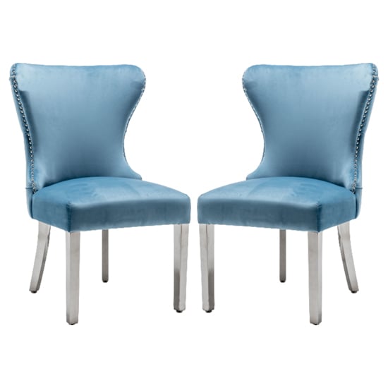 Read more about Floret button back blue velvet dining chairs in pair