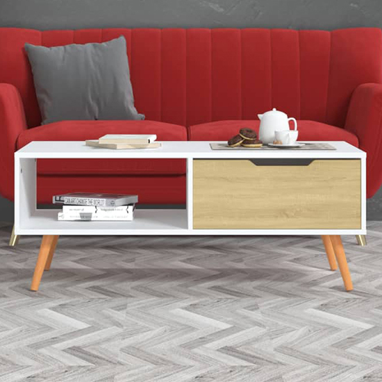 Read more about Floria wooden coffee table with 1 drawer in white and sonoma oak