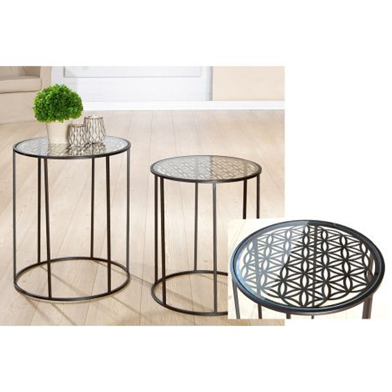 Flower Of Life Glass Top Set Of 2 Side Table With Metal Frame_2