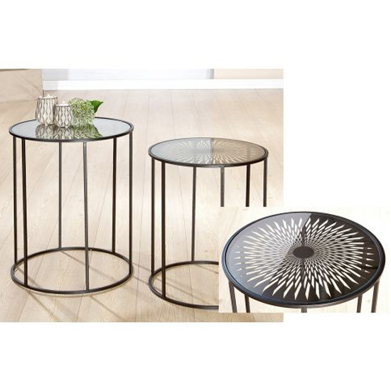Flower Of Sun Glass Top Set Of 2 Side Tables With Metal Frame_2