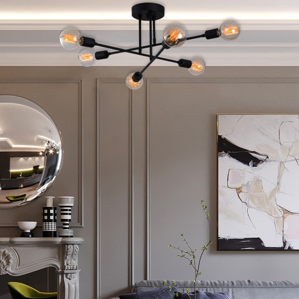 Flower Round 6 Light Iron Ceiling Pendant Light in BLack