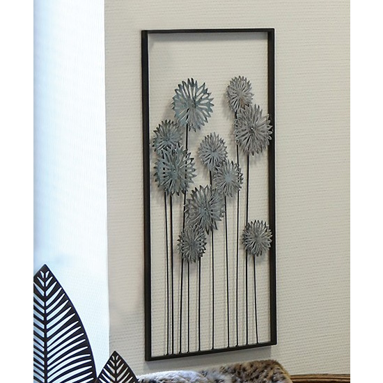 Read more about Flowers metal wall art in silver with antique dark brown frame