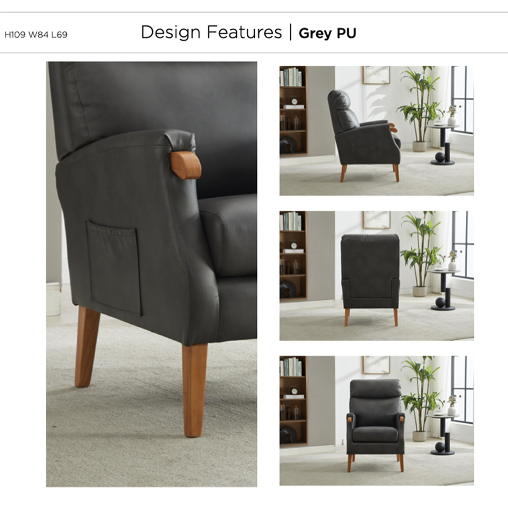 Folsom PU Leather Bedroom Chair With Wooden Legs - Grey