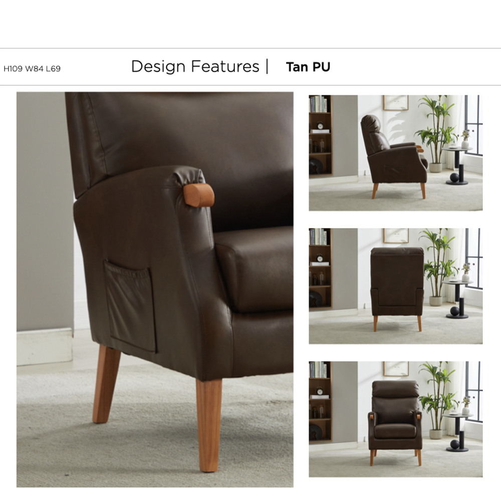 Folsom PU Leather Bedroom Chair With Wooden Legs - Tan
