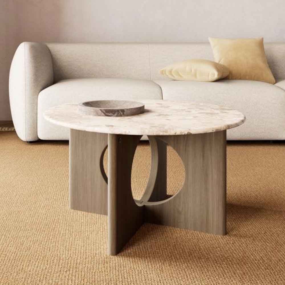 Fomaro Round Travertine Marble Effect Top Coffee Table with Smoked Oak Base