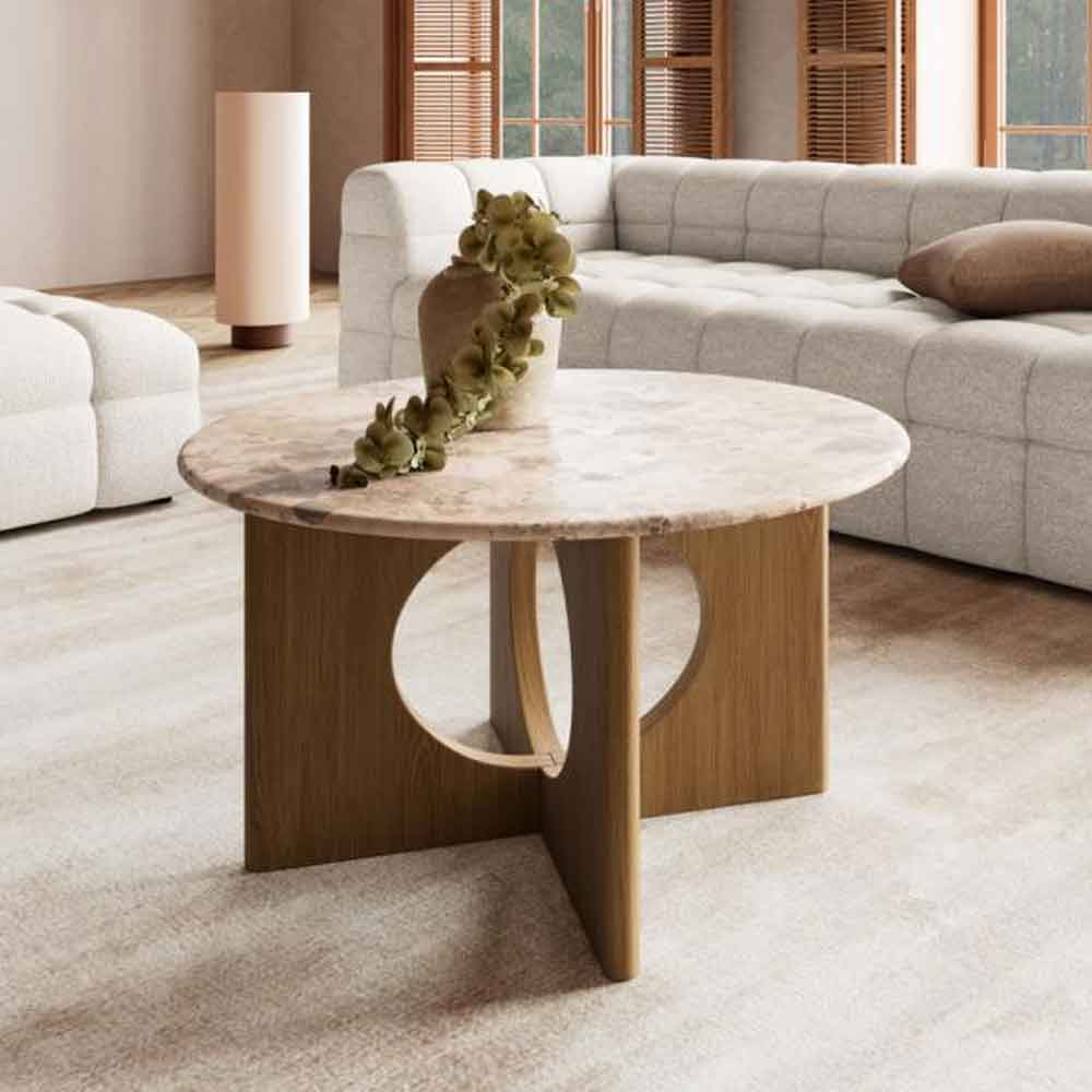Fomaro Round Travertine Marble Effect Top Coffee Table with Veneer Oak Base