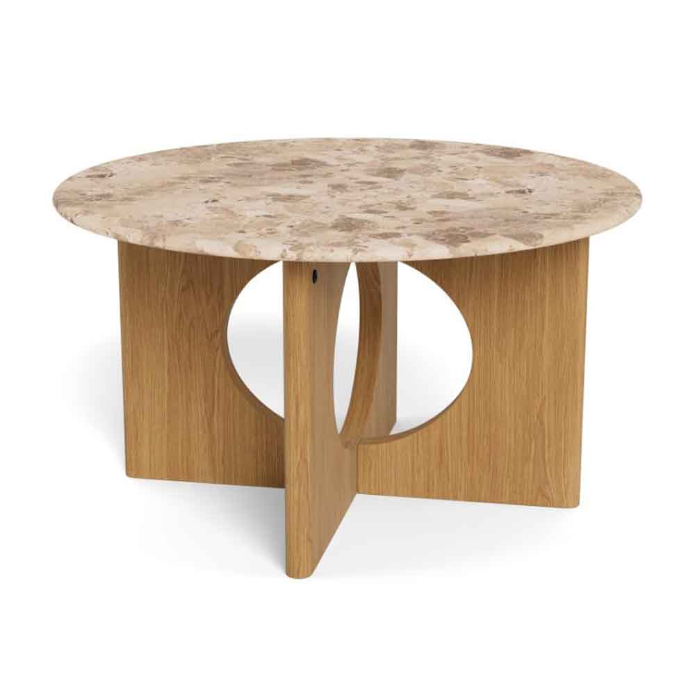 Fomaro Round Travertine Marble Effect Top Coffee Table with Veneer Oak Base