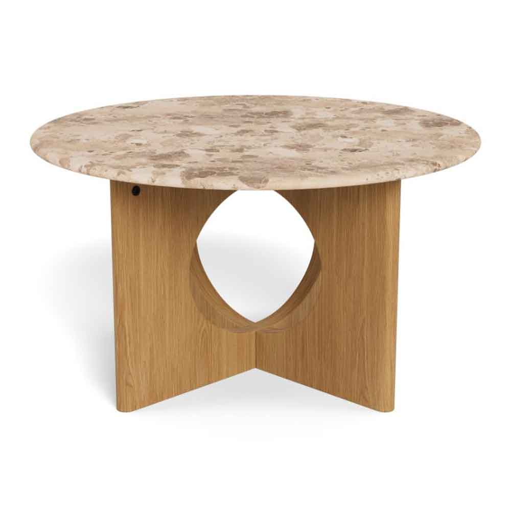 Fomaro Round Travertine Marble Effect Top Coffee Table with Veneer Oak Base