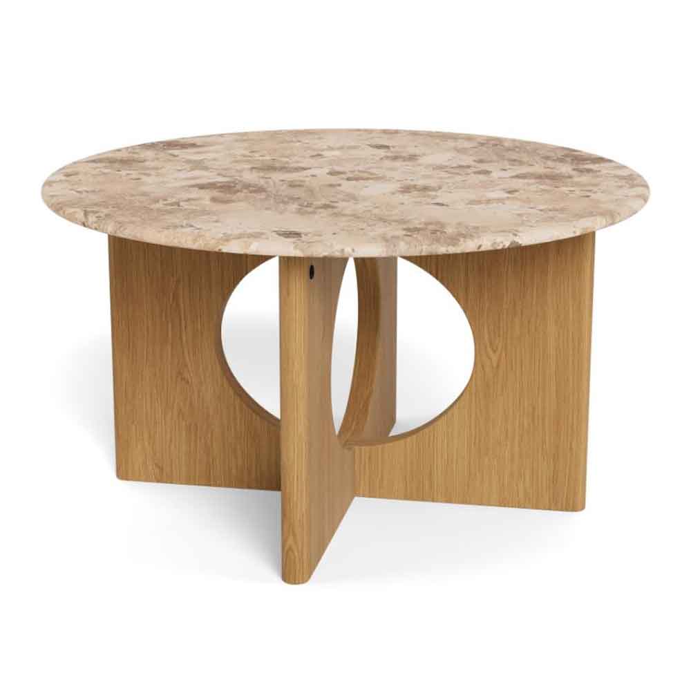Fomaro Round Travertine Marble Effect Top Coffee Table with Veneer Oak Base