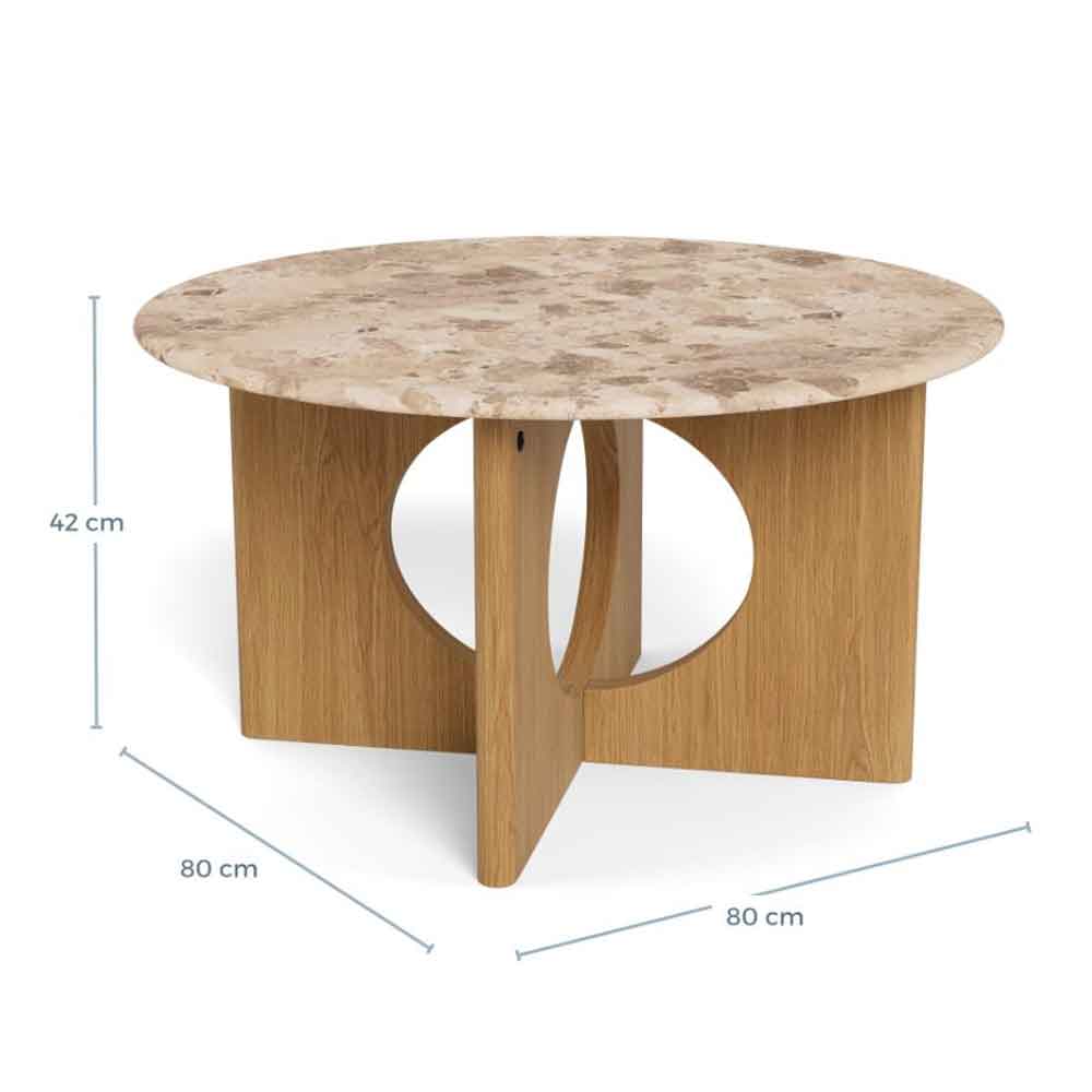 Fomaro Round Travertine Marble Effect Top Coffee Table with Veneer Oak Base