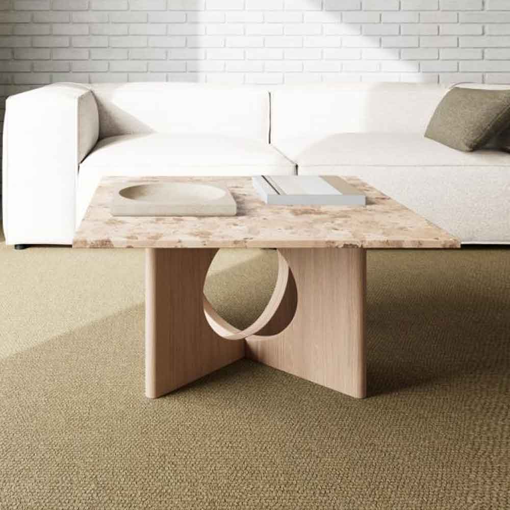 Fomaro Square Travertine Marble Effect Top Coffee Table with White Oak Base