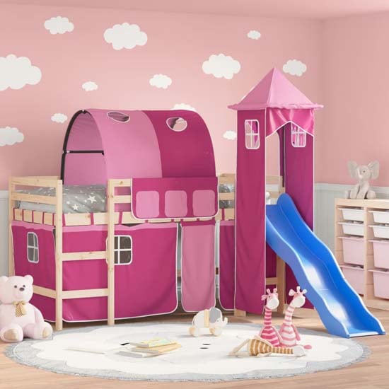 Product photograph of Forli Pinewood Kids Loft Bed In Natural With Pink Tower Tent from Furniture in Fashion