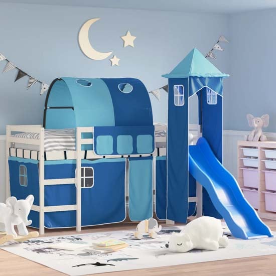 Product photograph of Forli Pinewood Kids Loft Bed In White With Blue Tower Tent from Furniture in Fashion