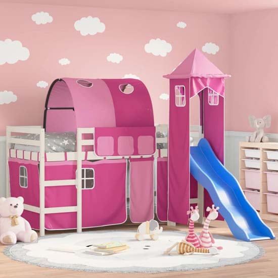 Forli Pinewood Kids Loft Bed In White With Pink Tower Tent