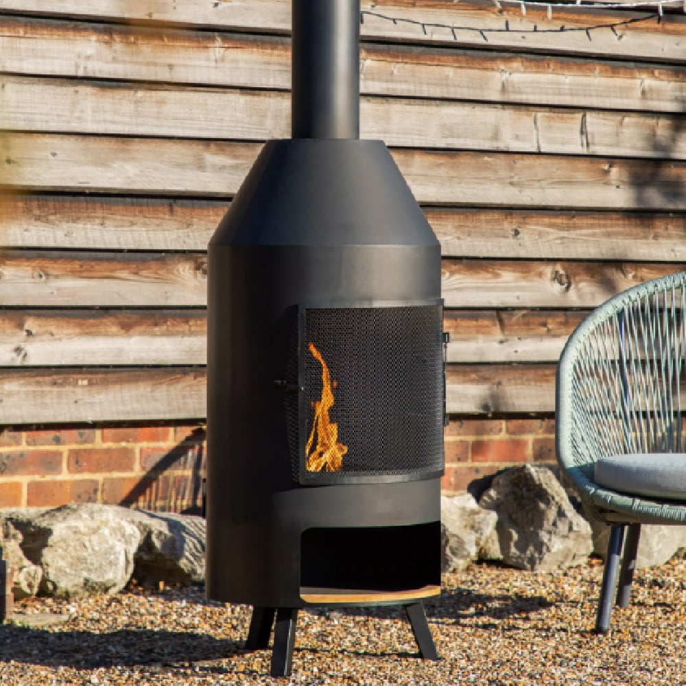 Fornebu Outdoor Metal Chiminea With Pizza Shelf In Charcoal